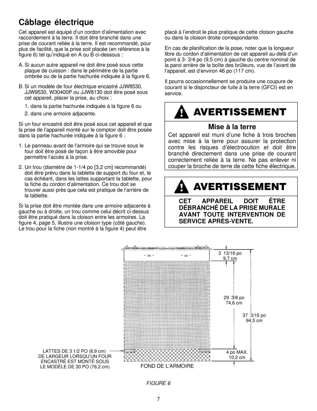 Jenn-Air JGC9536, JGC9430 installation manual Avertissement, Câblage électrique 