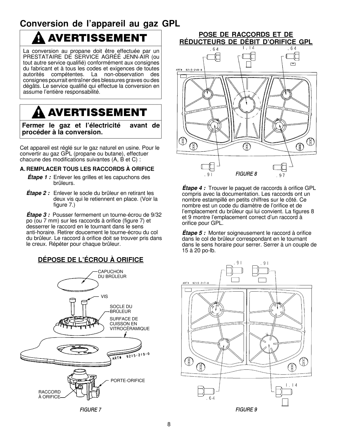 Jenn-Air JGC9430, JGC9536 Conversion de l’appareil au gaz GPL, Pose DE Raccords ET DE Réducteurs DE Débit D’ORIFICE GPL 