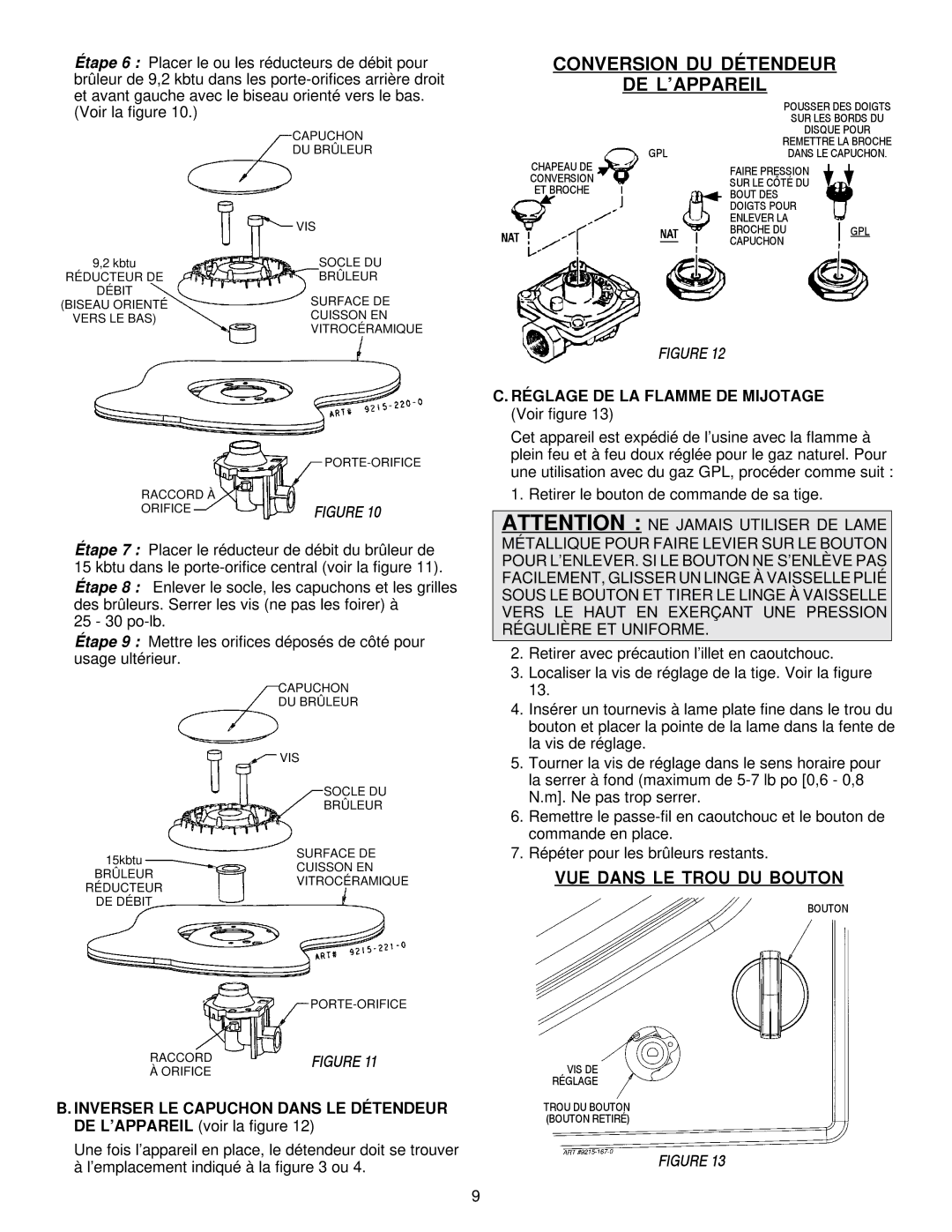 Jenn-Air JGC9536, JGC9430 installation manual Conversion DU Détendeur DE L’APPAREIL, VUE Dans LE Trou DU Bouton 