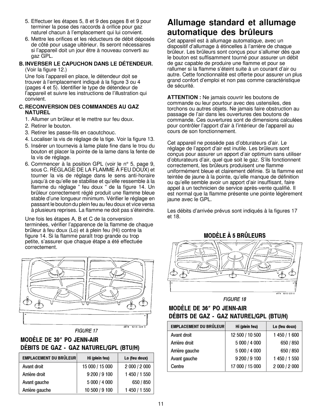 Jenn-Air JGC9536 Allumage standard et allumage automatique des brûleurs, Reconversion DES Commandes AU GAZ Naturel 