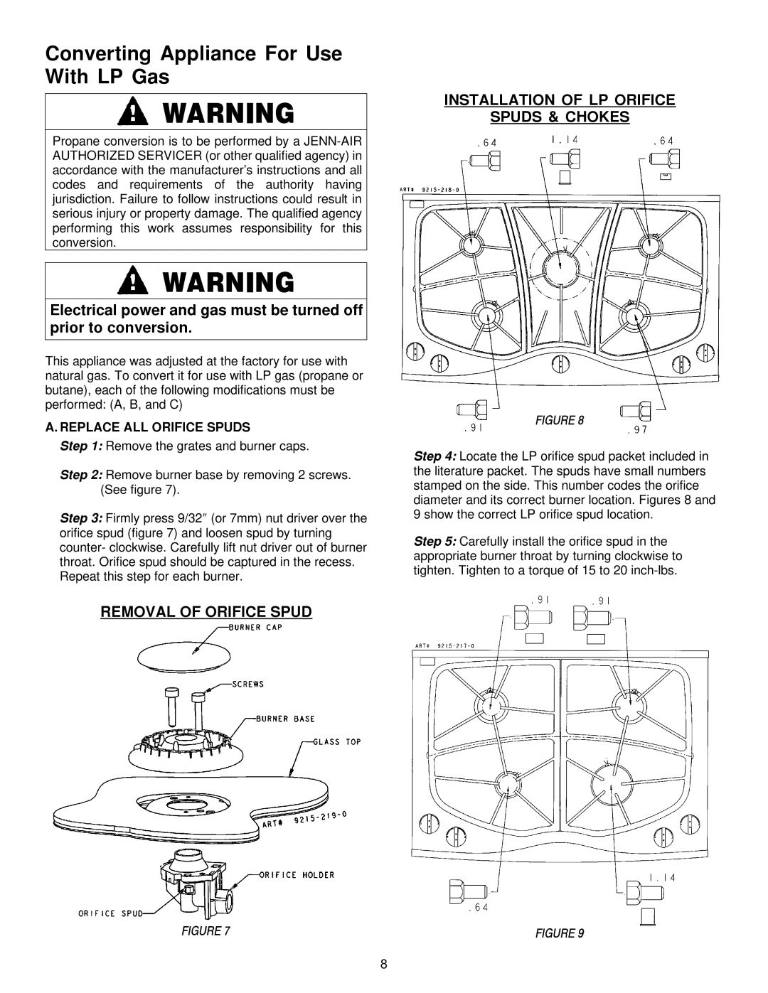 Jenn-Air JGC9430, JGC9536 installation manual Converting Appliance For Use With LP Gas, Replace ALL Orifice Spuds 