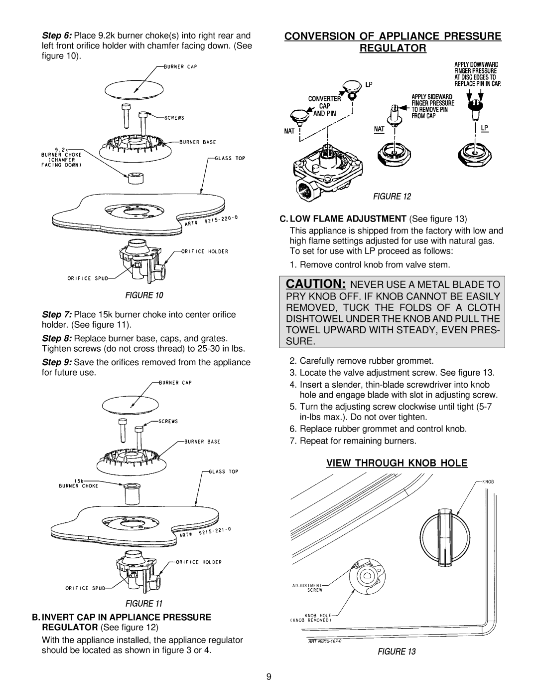 Jenn-Air JGC9536, JGC9430 installation manual Conversion of Appliance Pressure Regulator, View Through Knob Hole 