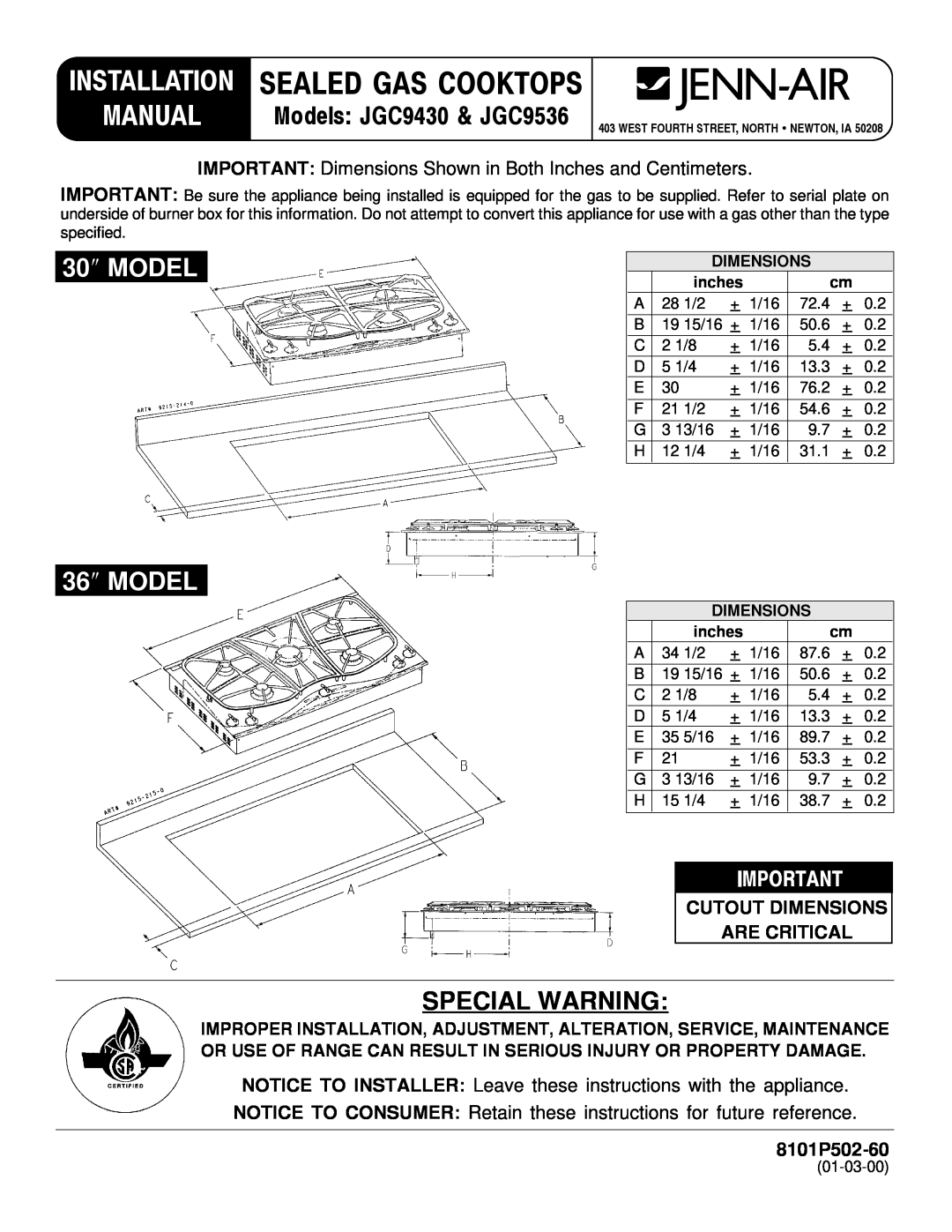 Jenn-Air JGC9536 installation manual Manual, Sealed Gas Cooktops, Installation, Model, Special Warning, 8101P502-60 