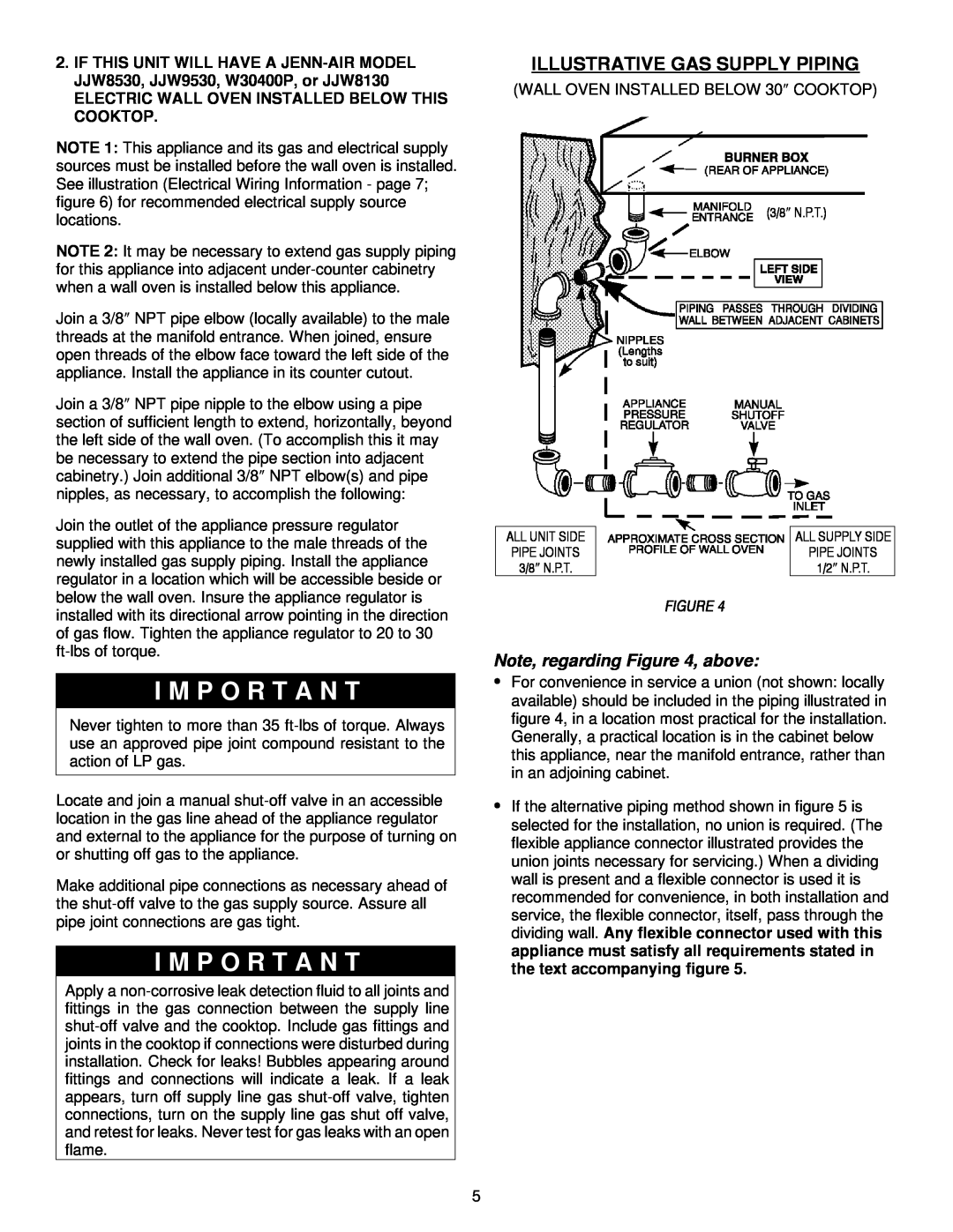 Jenn-Air JGC9536, JGC9430 installation manual I M P O R T A N T, Illustrative Gas Supply Piping, Note, regarding , above 