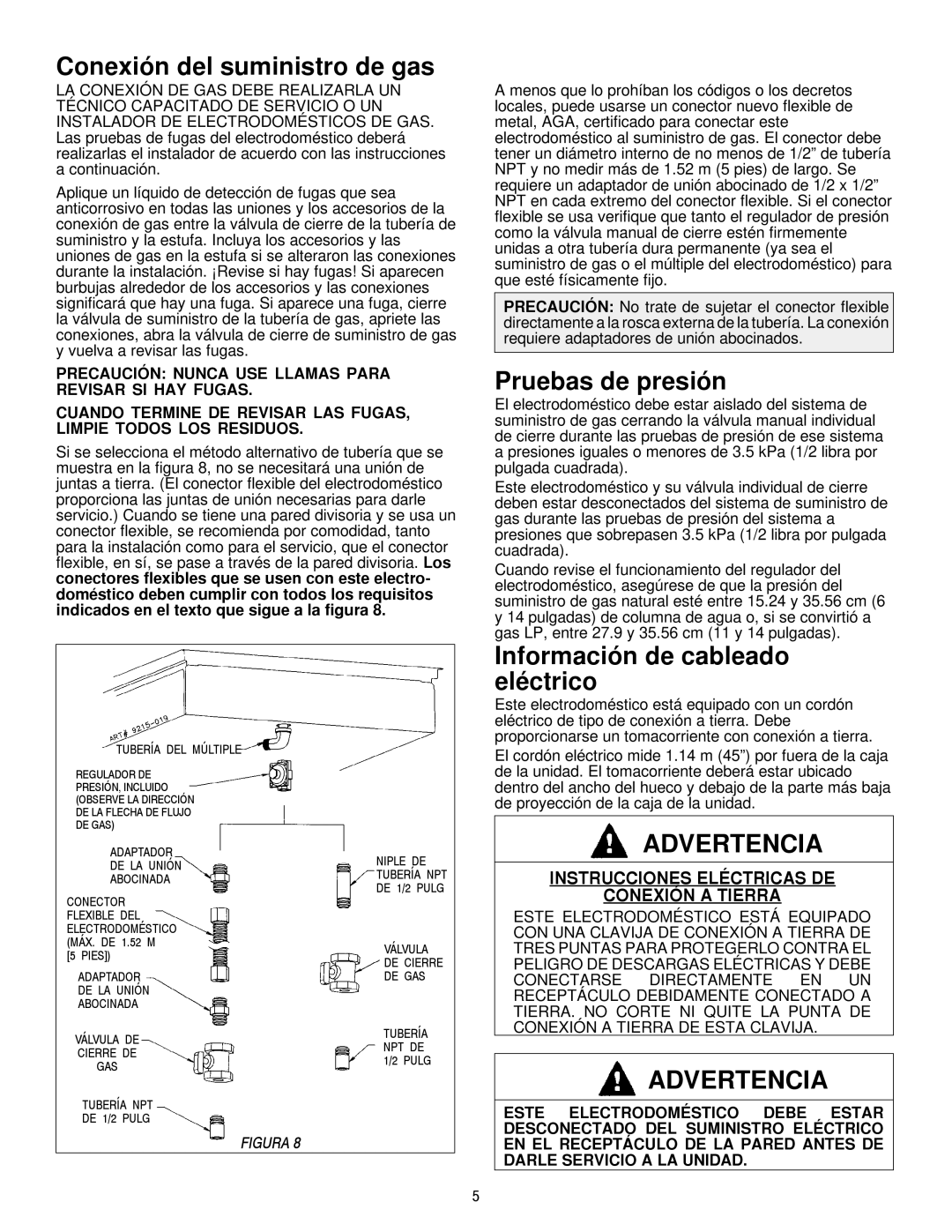 Jenn-Air JGCP636ADP, JGCP430ADP Conexión del suministro de gas, Pruebas de presión, Información de cableado eléctrico 