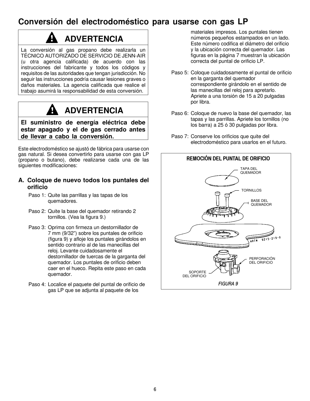 Jenn-Air JGCP430ADP, JGCP648ADP, JGCP636ADP dimensions Conversión del electrodoméstico para usarse con gas LP 