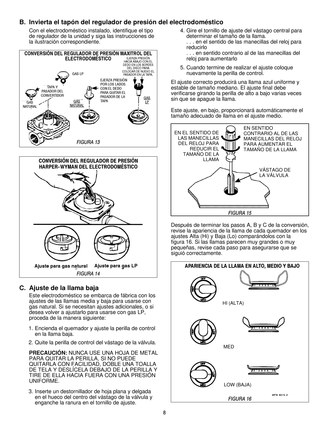 Jenn-Air JGCP636ADP, JGCP430ADP, JGCP648ADP dimensions Ajuste de la llama baja, Reloj para aumentarlo 