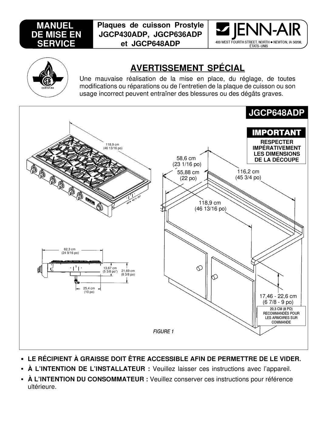 Jenn-Air JGCP648ADP, JGCP430ADP, JGCP636ADP dimensions Manuel 