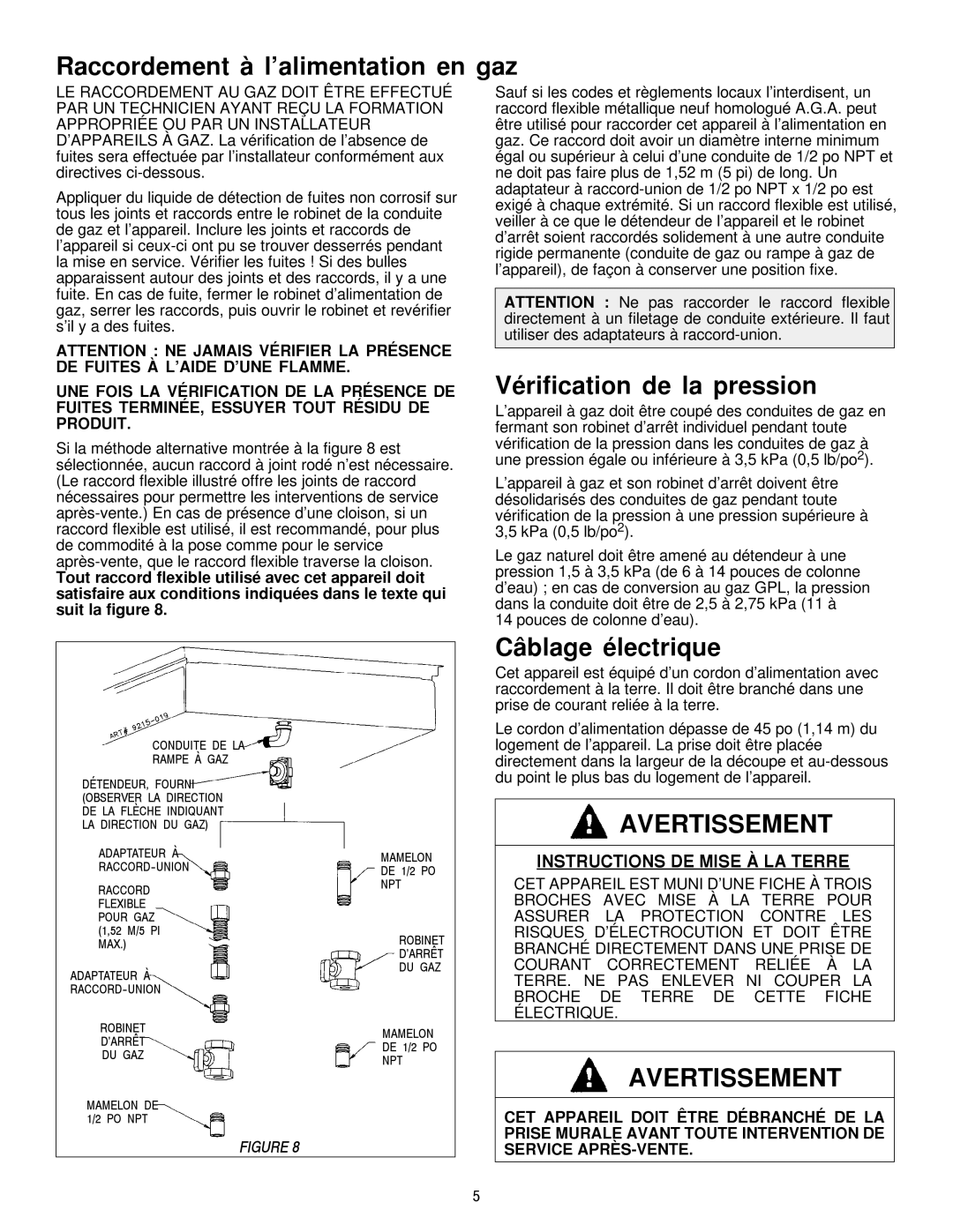 Jenn-Air JGCP636ADP, JGCP430ADP Raccordement à l’alimentation en gaz, Vérification de la pression, Câblage électrique 