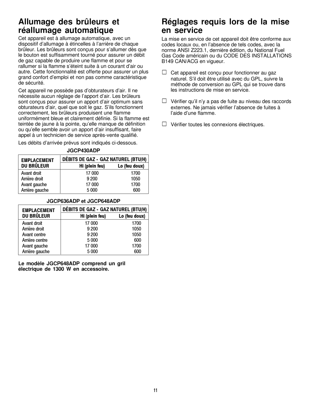 Jenn-Air JGCP636ADP dimensions Allumage des brûleurs et réallumage automatique, Réglages requis lors de la mise en service 