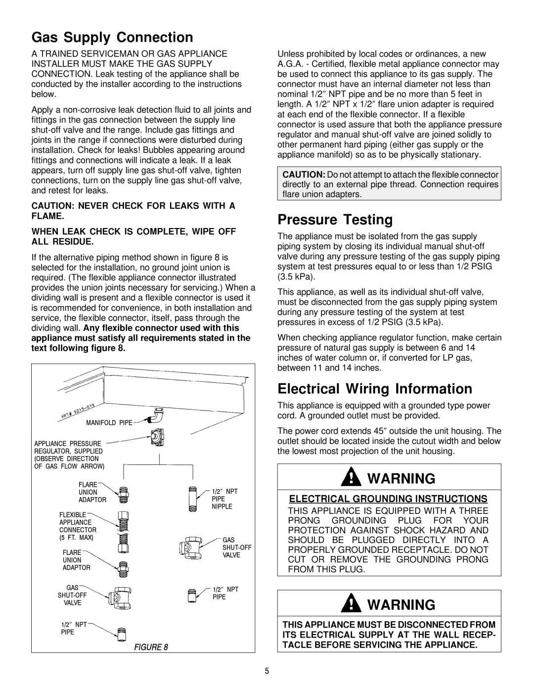 Jenn-Air JGCP636ADP, JGCP430ADP, JGCP648ADP dimensions Gas Supply Connection, Pressure Testing, Electrical Wiring Information 