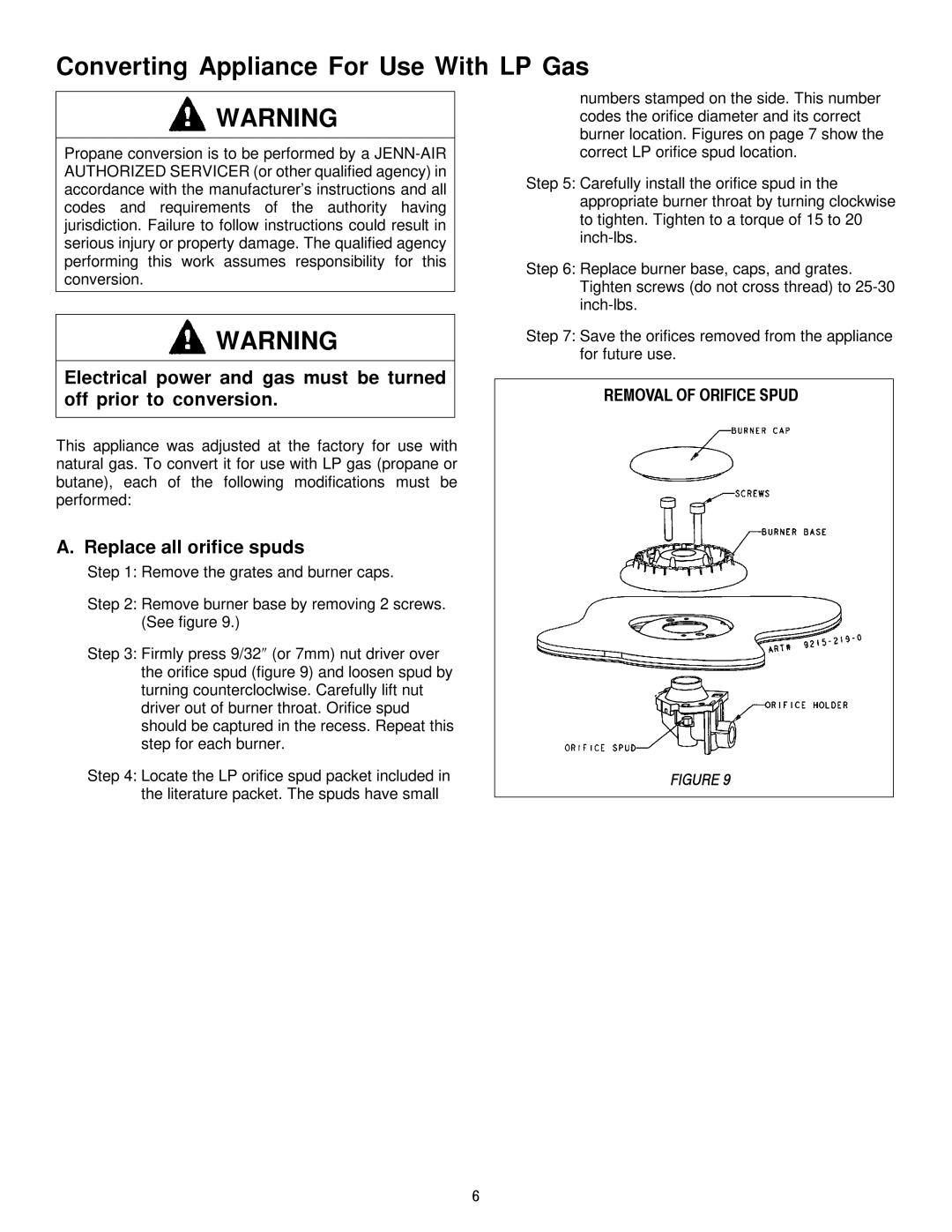 Jenn-Air JGCP430ADP, JGCP648ADP, JGCP636ADP dimensions Converting Appliance For Use With LP Gas, Replace all orifice spuds 