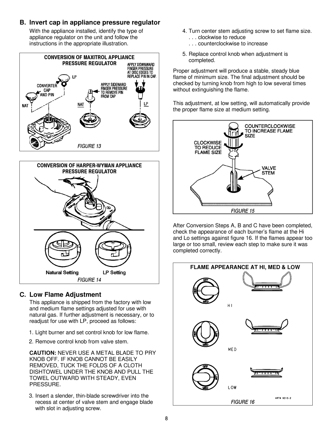 Jenn-Air JGCP636ADP, JGCP430ADP, JGCP648ADP dimensions Invert cap in appliance pressure regulator, Low Flame Adjustment 