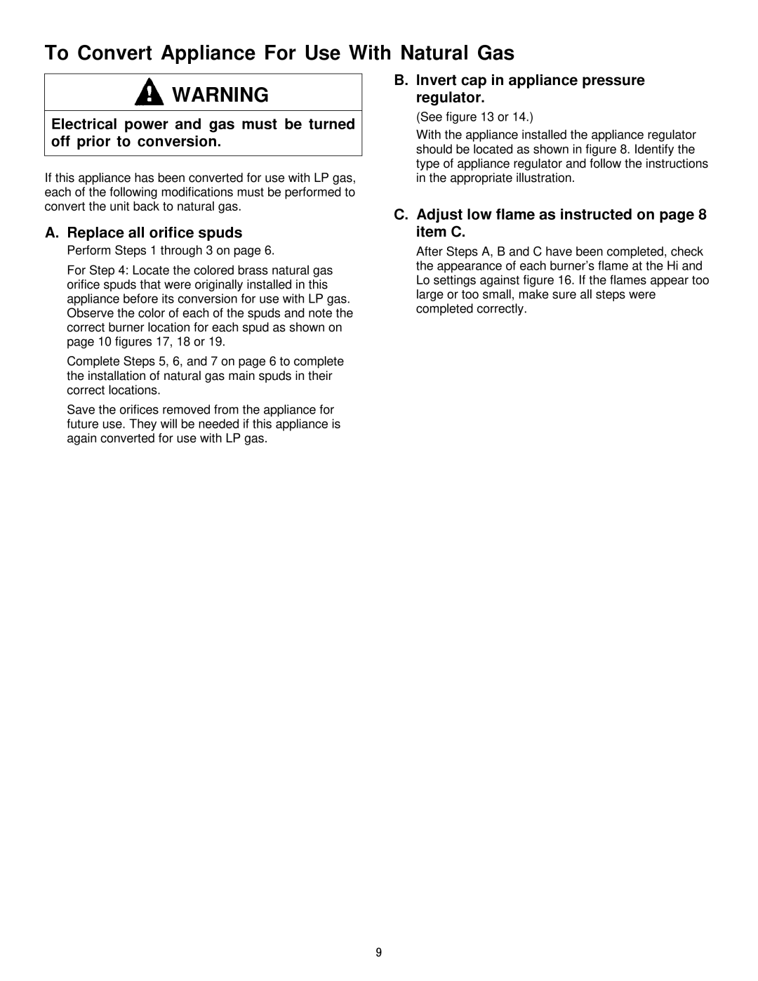 Jenn-Air JGCP430ADP To Convert Appliance For Use With Natural Gas, Adjust low flame as instructed on page 8 item C 