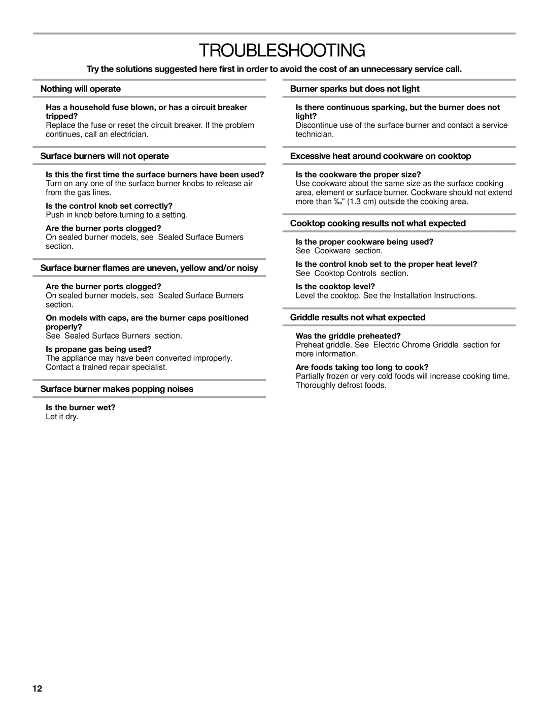 Jenn-Air JGCP548, JGCP536, JGCP436, JGCP430 manual Troubleshooting 