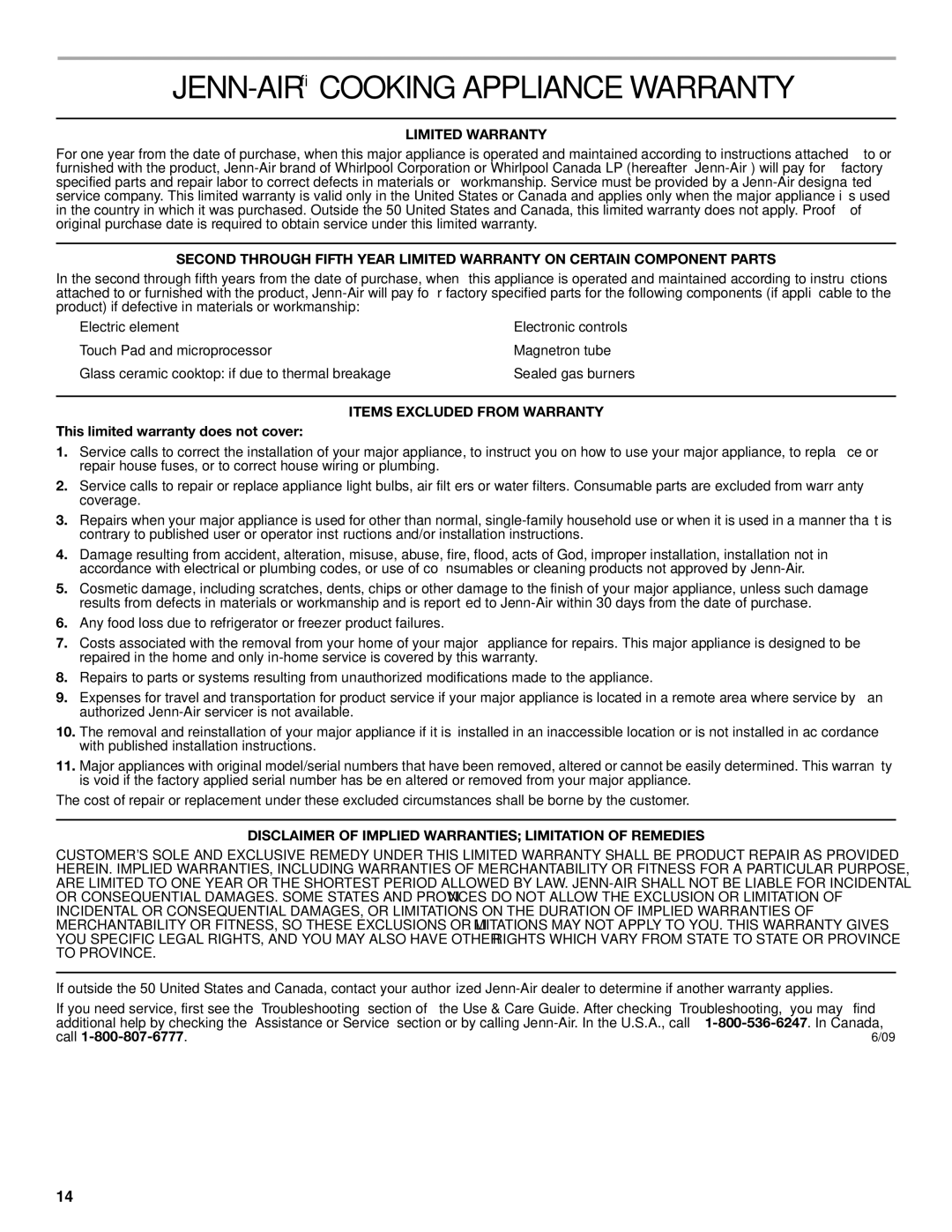 Jenn-Air JGCP436, JGCP548, JGCP536 manual JENN-AIRCOOKING Appliance Warranty, Limited Warranty, Items Excluded from Warranty 