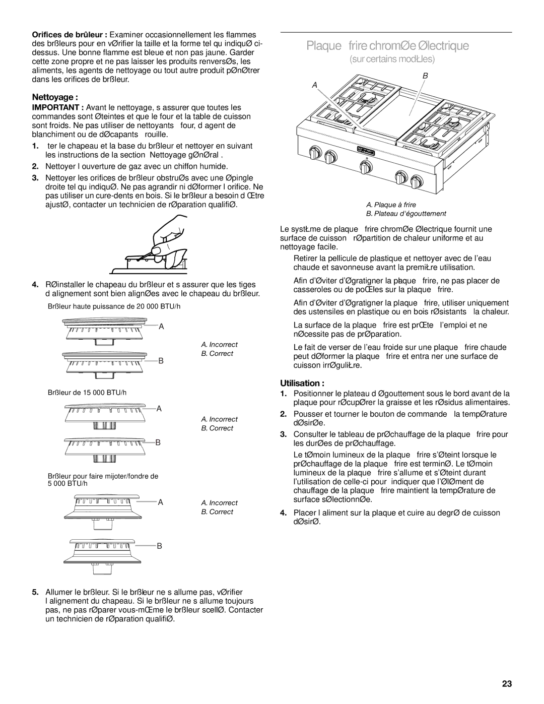 Jenn-Air JGCP430, JGCP548, JGCP536, JGCP436 manual Plaque à frire chromée électrique, Nettoyage, Utilisation 