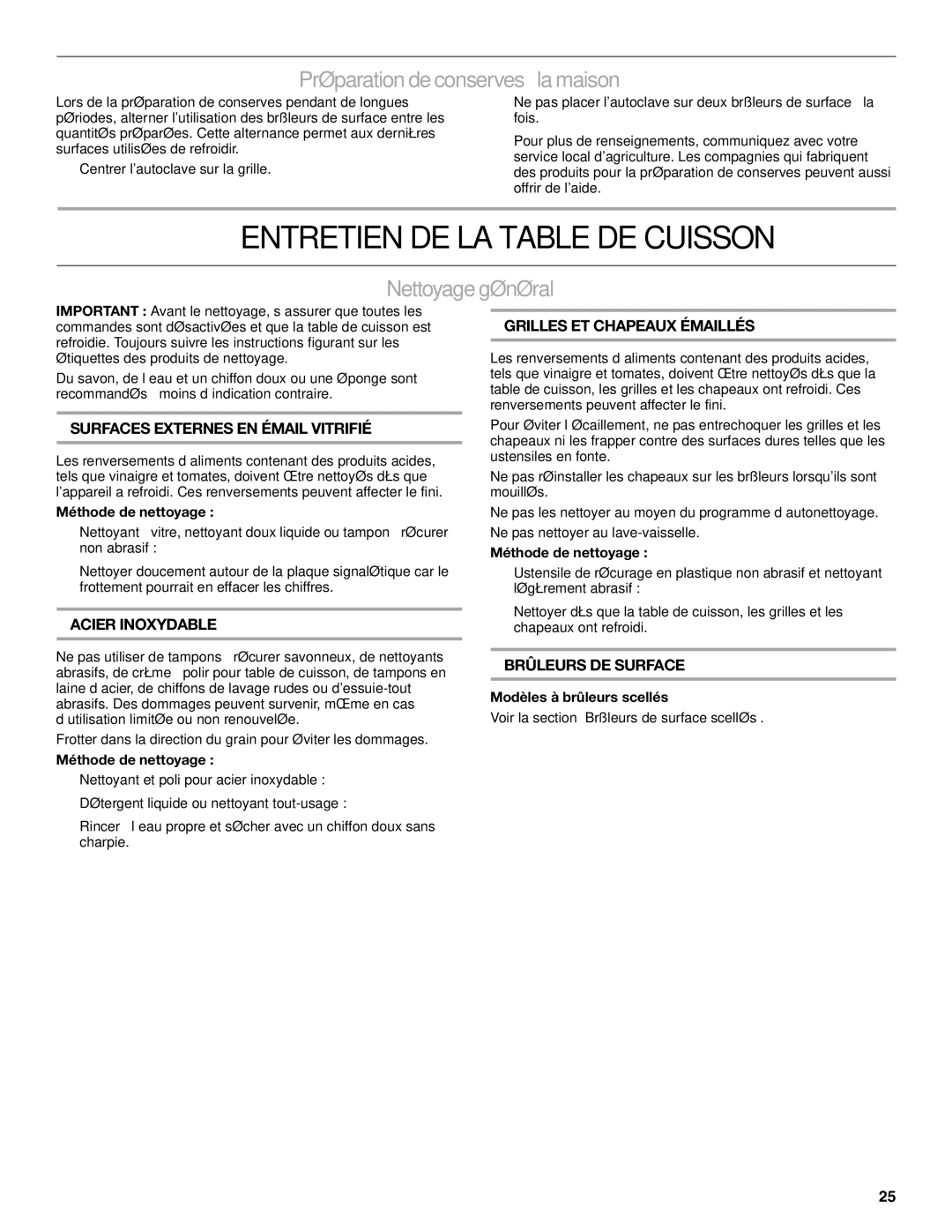 Jenn-Air JGCP536, JGCP548 manual Entretien DE LA Table DE Cuisson, Préparation de conserves à la maison, Nettoyage général 