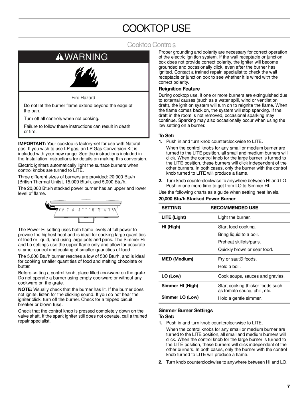 Jenn-Air JGCP430, JGCP548, JGCP536 Cooktop USE, Cooktop Controls, Reignition Feature, Simmer Burner Settings To Set 