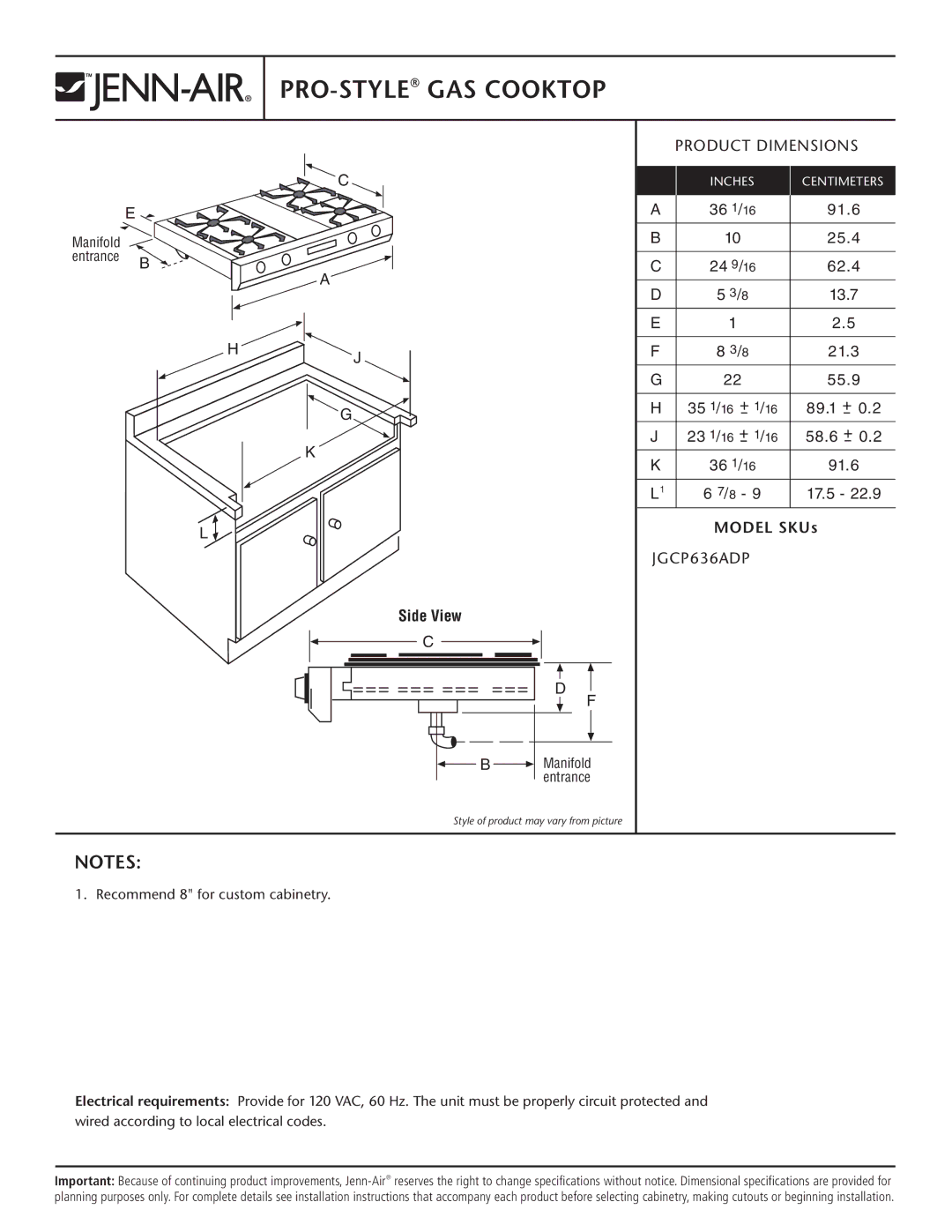 Jenn-Air JGCP636ADP dimensions PRO-STYLEGAS Cooktop, Product Dimensions, Model SKUs 