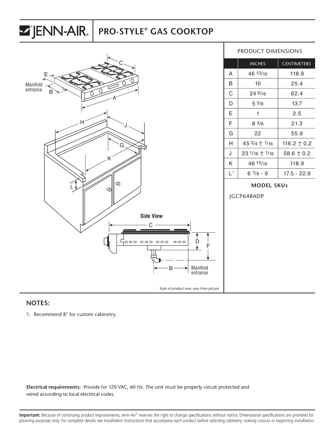 Jenn-Air JGCP648ADP dimensions PRO-STYLEGAS Cooktop, Product Dimensions, Model SKUs 