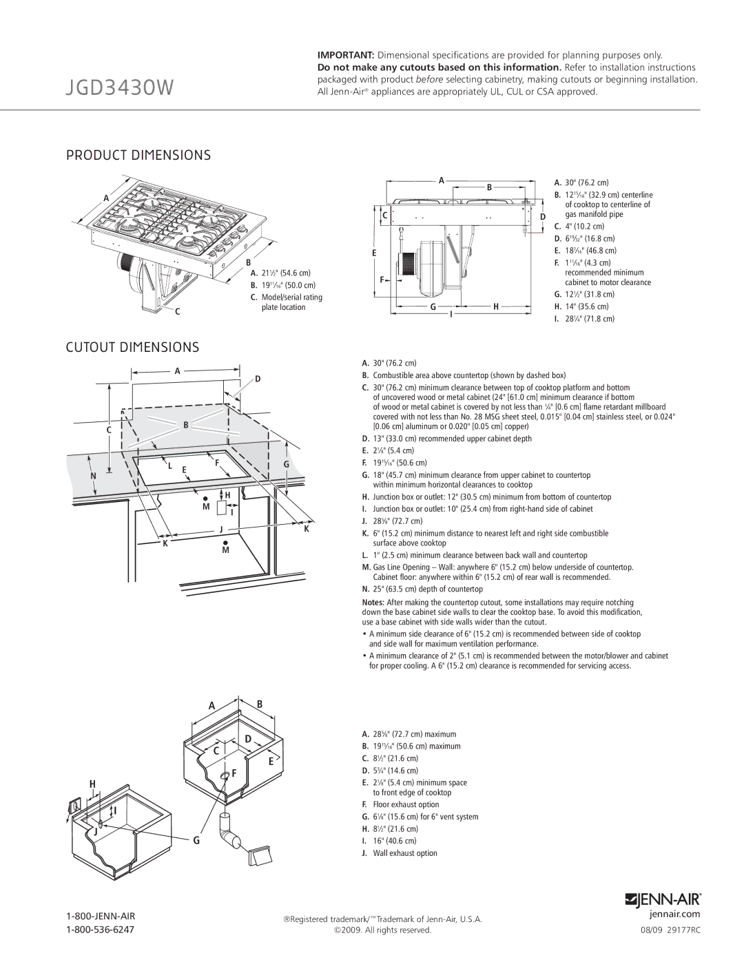 Jenn-Air JGD3430W specifications Product Dimensions, Cutout Dimensions 