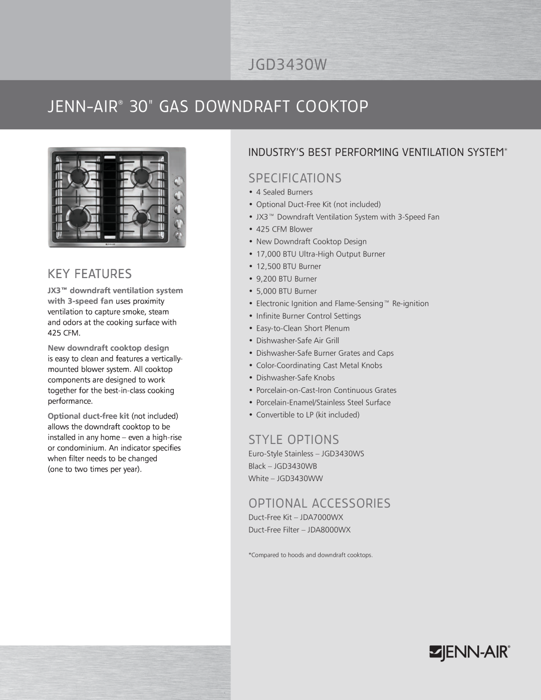 Jenn-Air JGD3430W specifications Jenn-Air 30 GAS DOWNDRAFT COOKTOP, key features, Style OPTIONS, Optional Accessories 