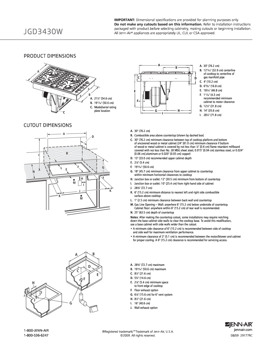 Jenn-Air JGD3430W specifications Product Dimensions, Cutout Dimensions, A B D C E F H J G 