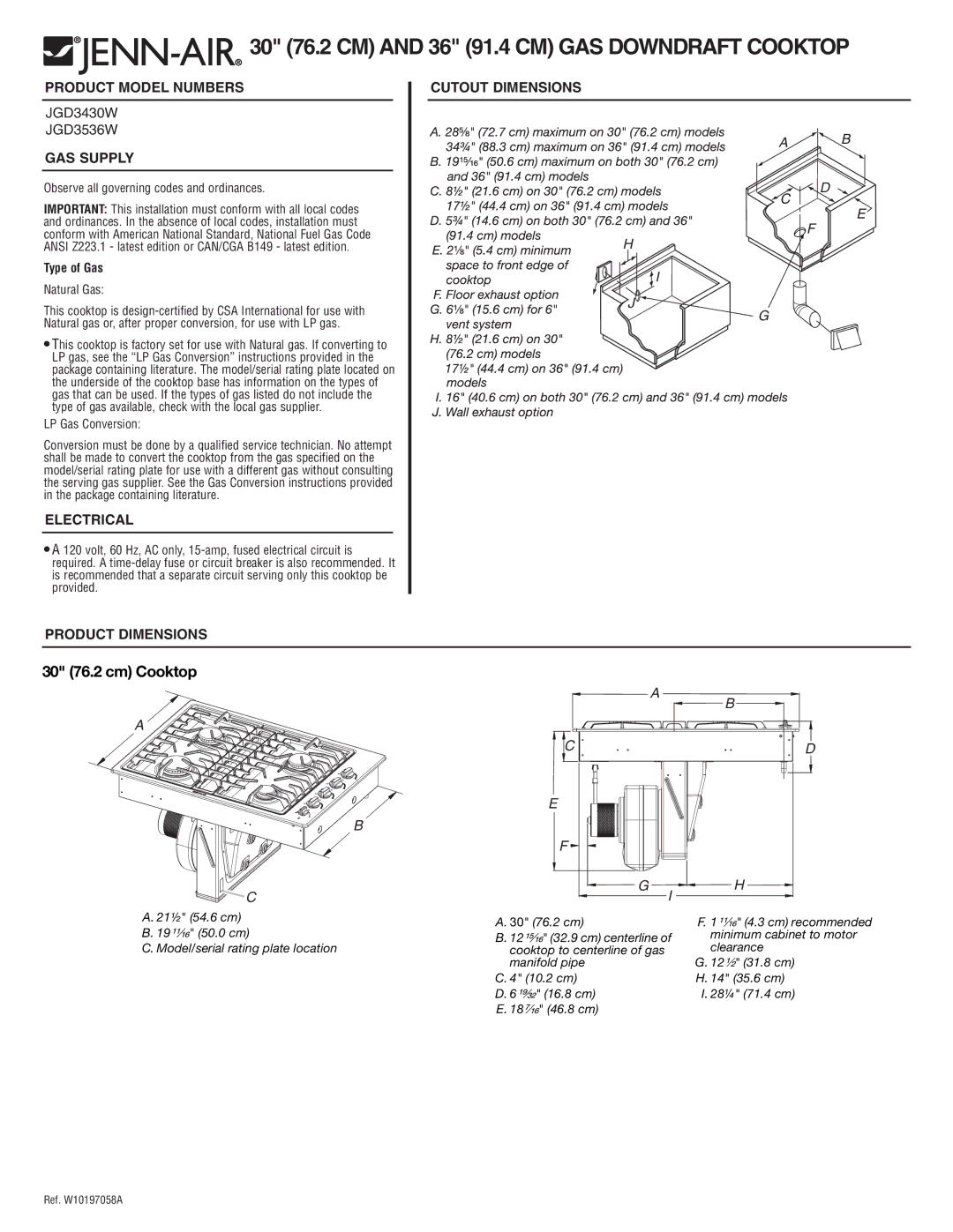 Jenn-Air JGD3536W dimensions 30 76.2 cm Cooktop, Product Model Numbers, GAS Supply, Electrical 