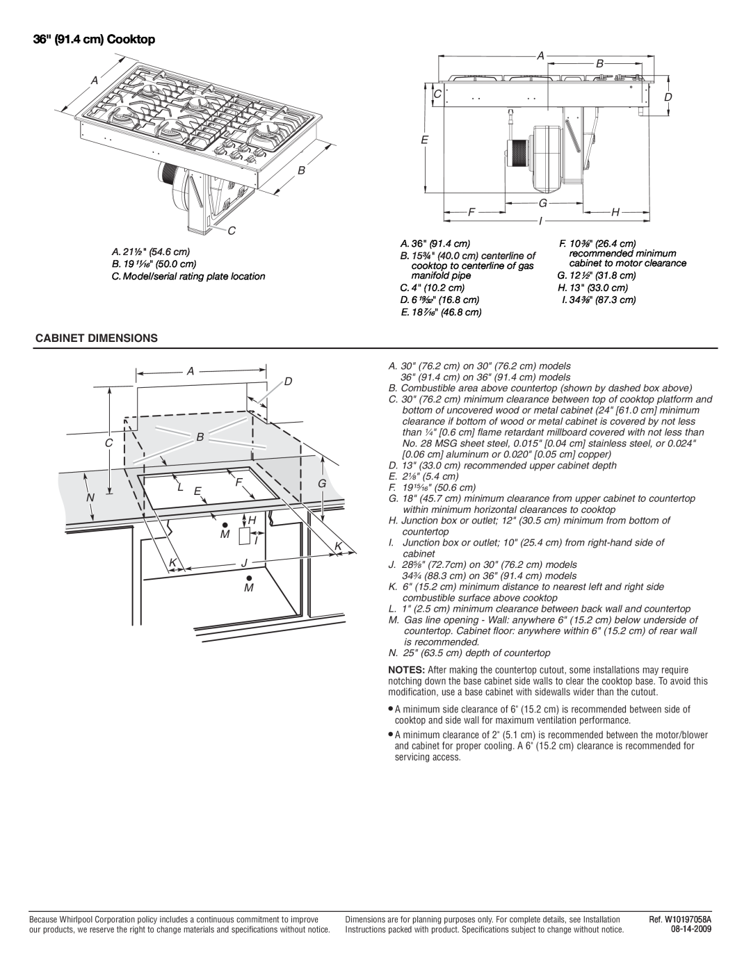 Jenn-Air JGD3536W dimensions 36 91.4 cm Cooktop, Cabinet Dimensions, A B A, E B G F H I C 