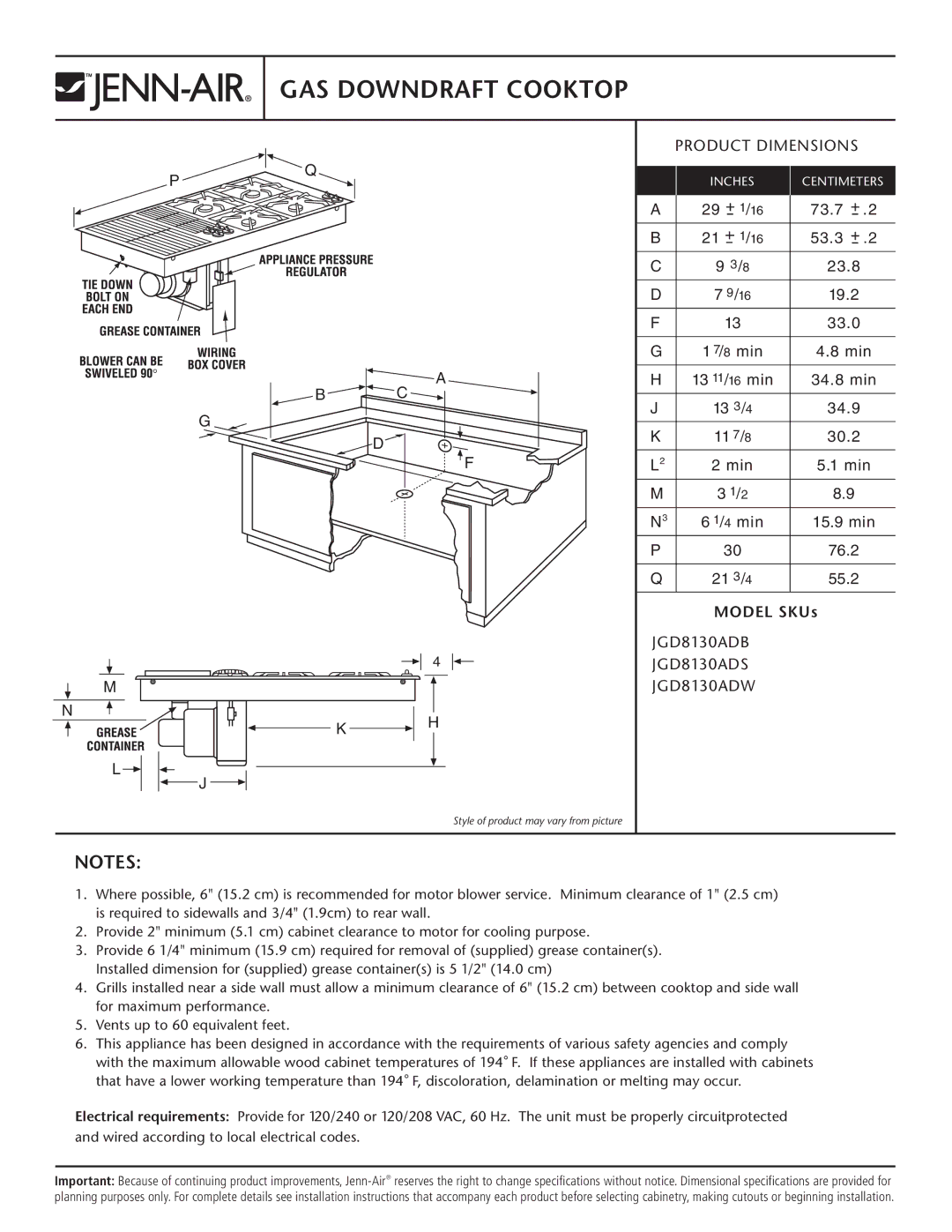 Jenn-Air dimensions GAS Downdraft Cooktop, Product Dimensions, Model SKUs, JGD8130ADB JGD8130ADS JGD8130ADW 