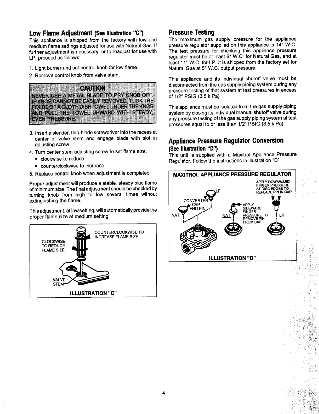 Jenn-Air JGD8345, JGD8130 LowFlameAdjustmentSeeIllustrationC, PressureTesting, AppliancePressureRegulatorConversion 