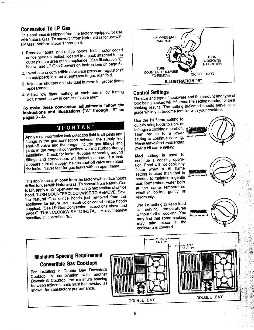 Jenn-Air JGD8130 ConversionToLPGas, MinimumSpacingRequirement ConvertiblGasCooktopse, Control Settings, Double BAY 