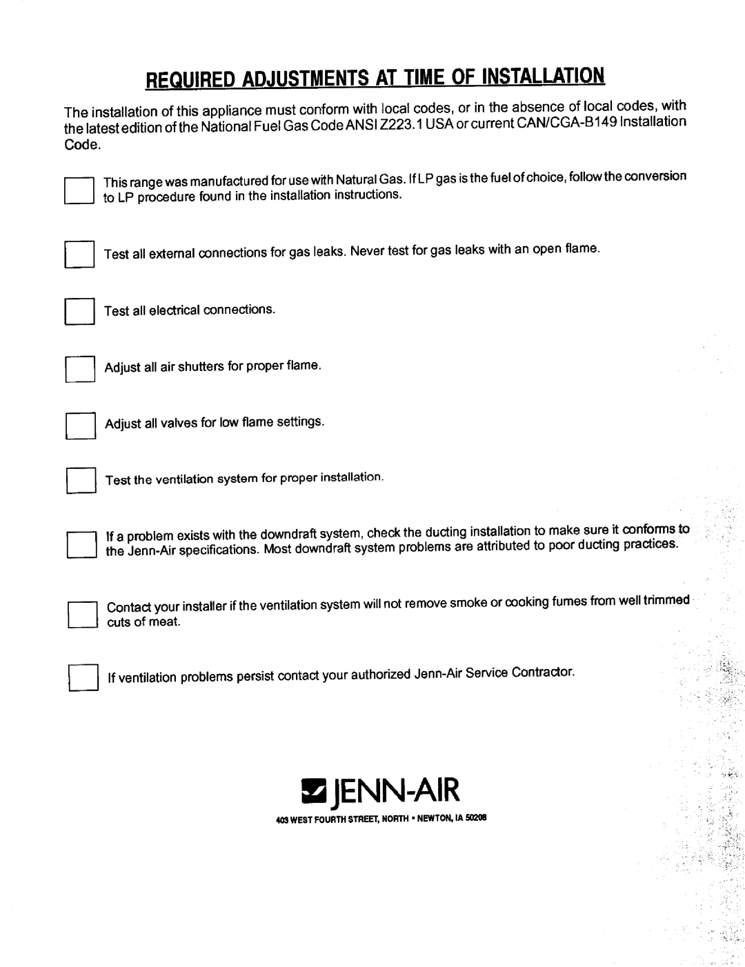 Jenn-Air JGD8345, JGD8130 installation manual Requiredadjustmentsattimeofinstallation, Code 