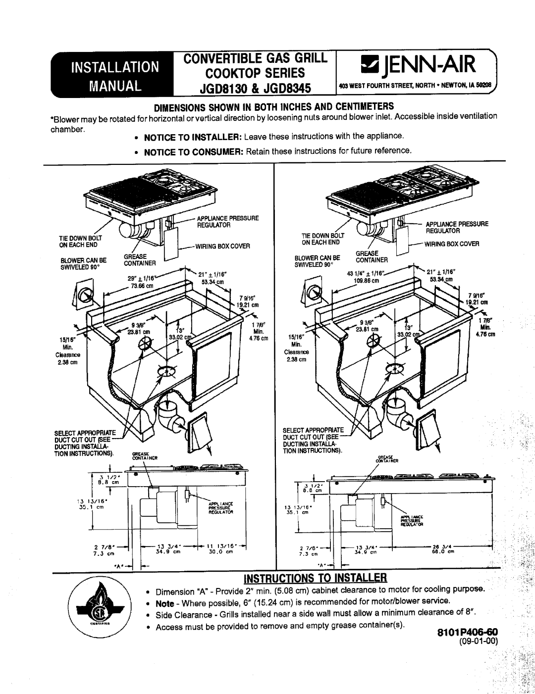 Jenn-Air JGD8130 installation manual INSTRUCTIONSTOINSTALLER 8101 P406..60, Installation Co.Veblrget,Asgrill Jenn-Air 