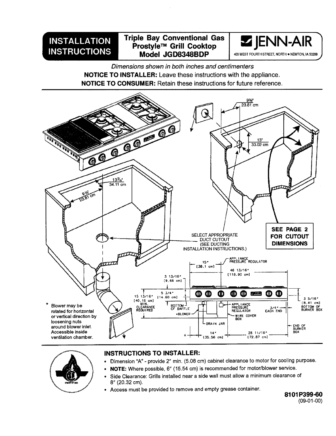 Jenn-Air JGD8348BDP dimensions ProstyleTM Grill Cooktop, Triple Bay Conventional Gas JENN-AIF 