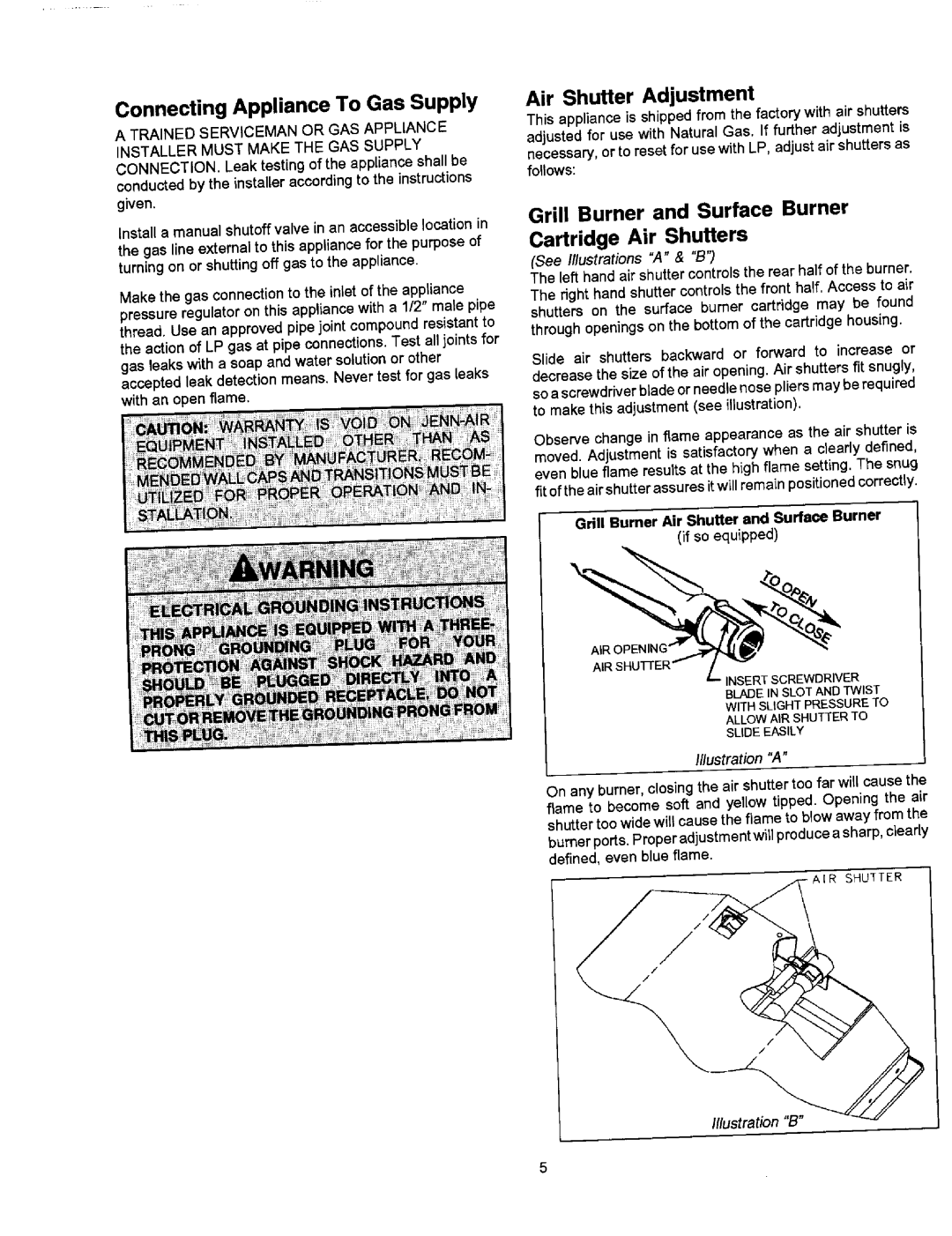 Jenn-Air JGD8348BDP dimensions ConnectingAppliance To Gas Supply, Air Shutter Adjustment 