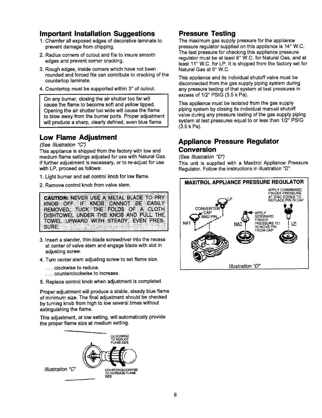 Jenn-Air JGD8348BDP dimensions Important Installation Suggestions, Pressure Testing, Low Flame Adjustment, Conversion 