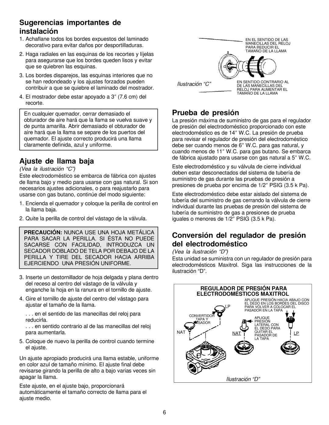 Jenn-Air JGD8348CDP Sugerencias importantes de instalación, Ajuste de llama baja, Prueba de presión 