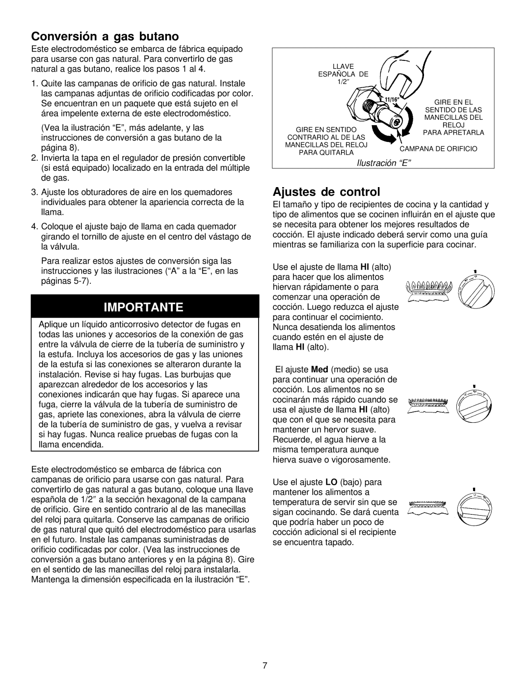 Jenn-Air JGD8348CDP installation instructions Conversión a gas butano, Ajustes de control, Ilustración E 