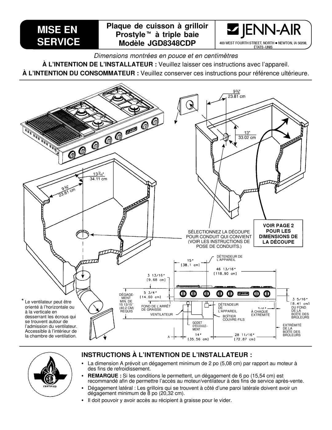 Jenn-Air JGD8348CDP installation instructions Service, Prostyle t à triple baie 