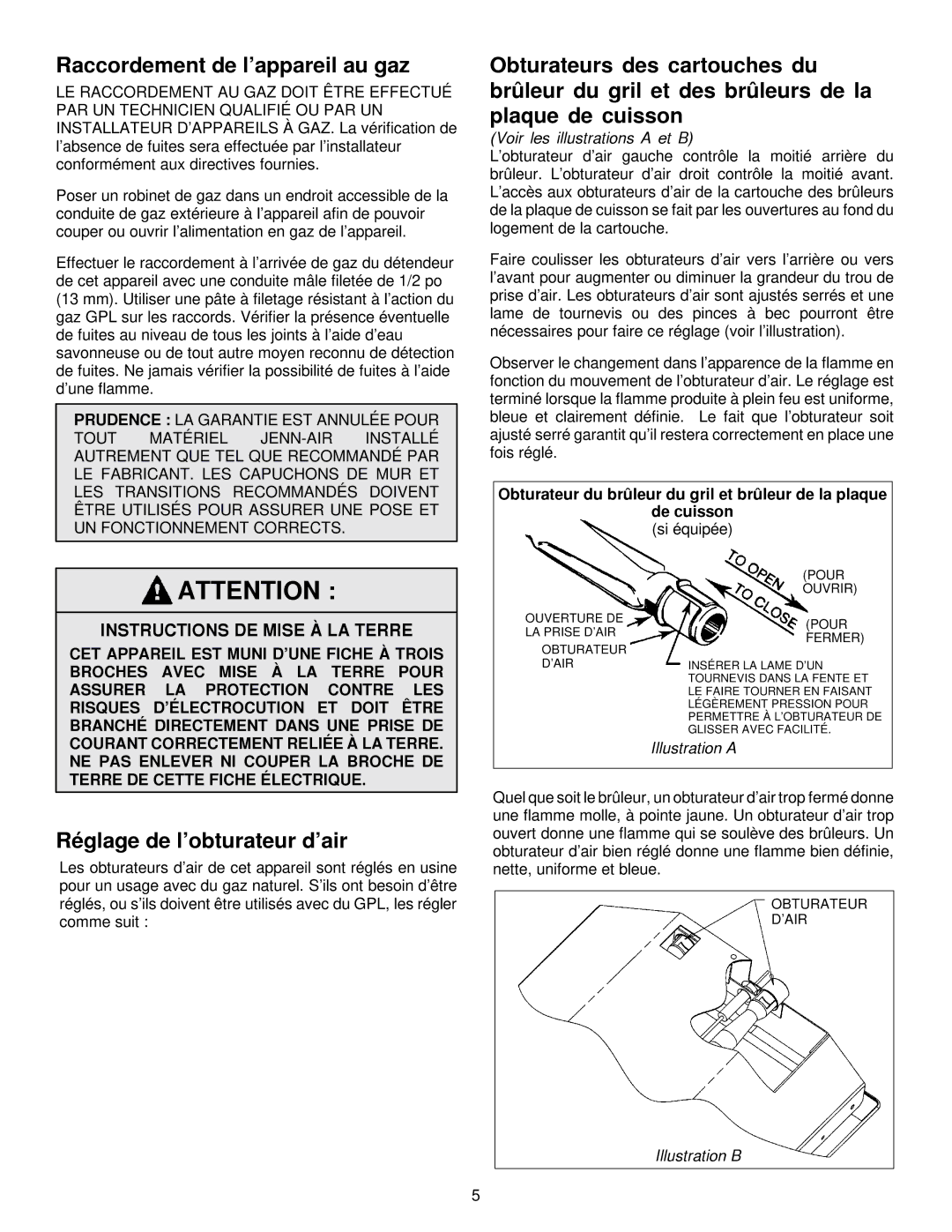 Jenn-Air JGD8348CDP Raccordement de l’appareil au gaz, Réglage de l’obturateur d’air, Voir les illustrations a et B 