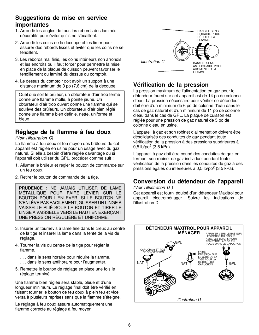 Jenn-Air JGD8348CDP installation instructions Suggestions de mise en service importantes, Réglage de la flamme à feu doux 