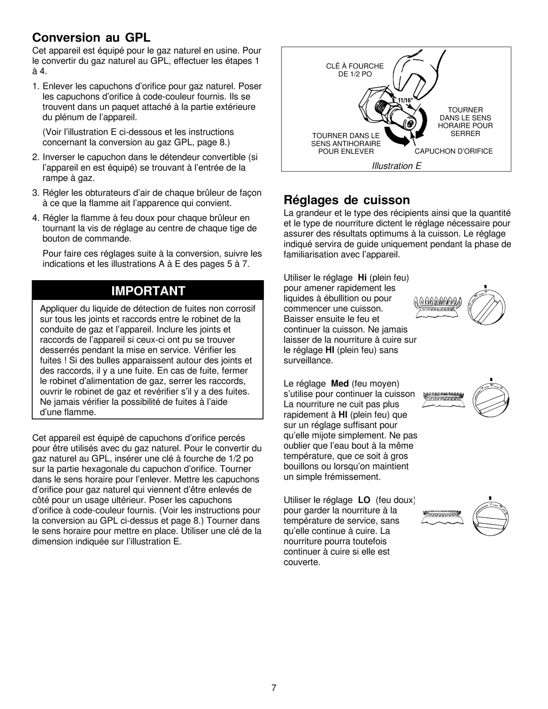 Jenn-Air JGD8348CDP installation instructions Conversion au GPL, Réglages de cuisson 