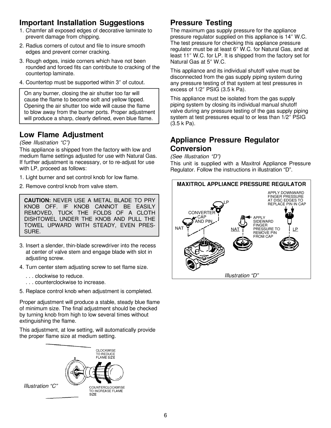 Jenn-Air JGD8348CDP installation instructions Important Installation Suggestions, Low Flame Adjustment, Pressure Testing 