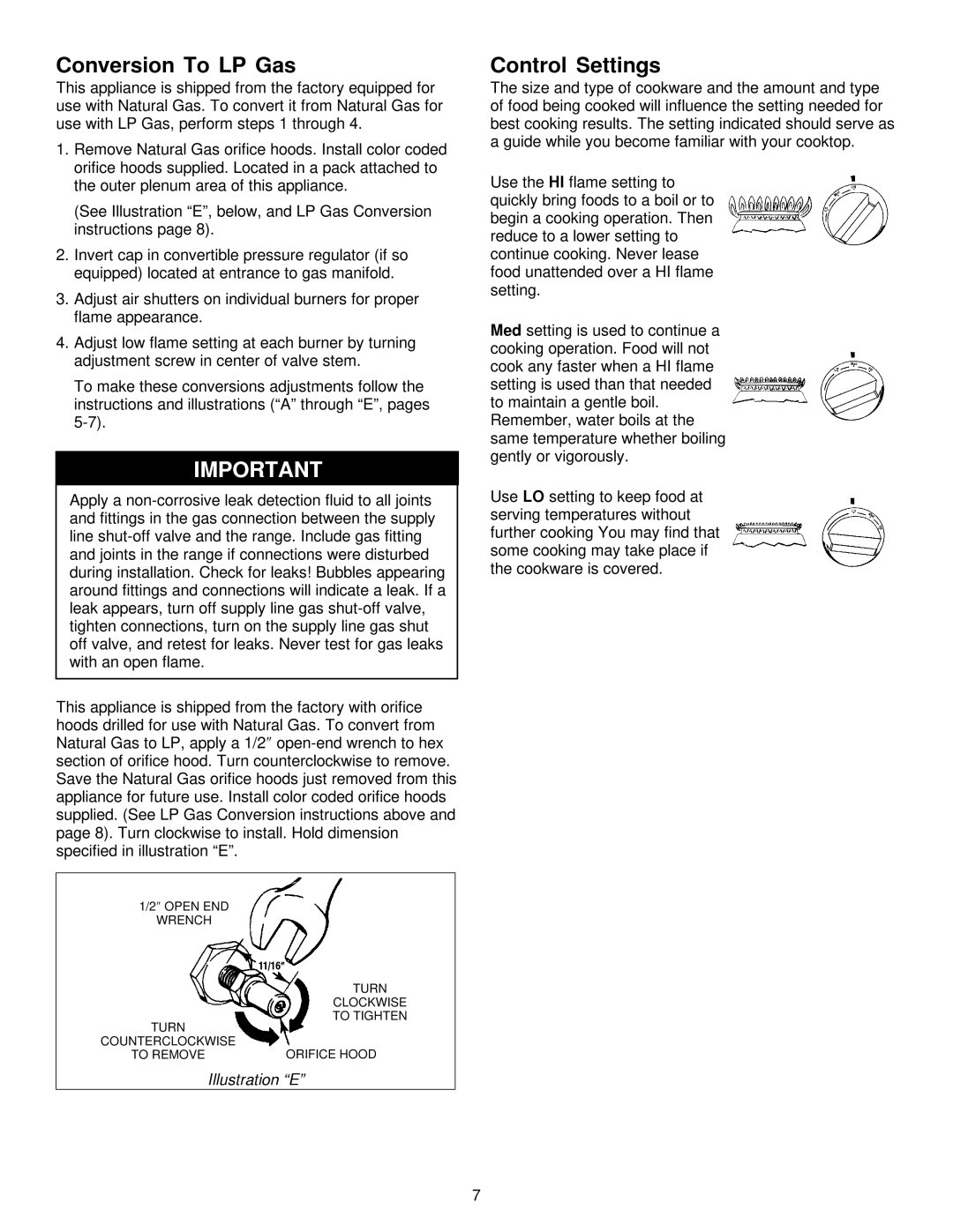 Jenn-Air JGD8348CDP installation instructions Conversion To LP Gas, Control Settings, Illustration E 