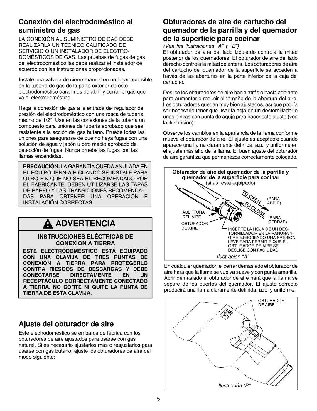 Jenn-Air JGD8348CDP Conexión del electrodoméstico al suministro de gas, Ajuste del obturador de aire 