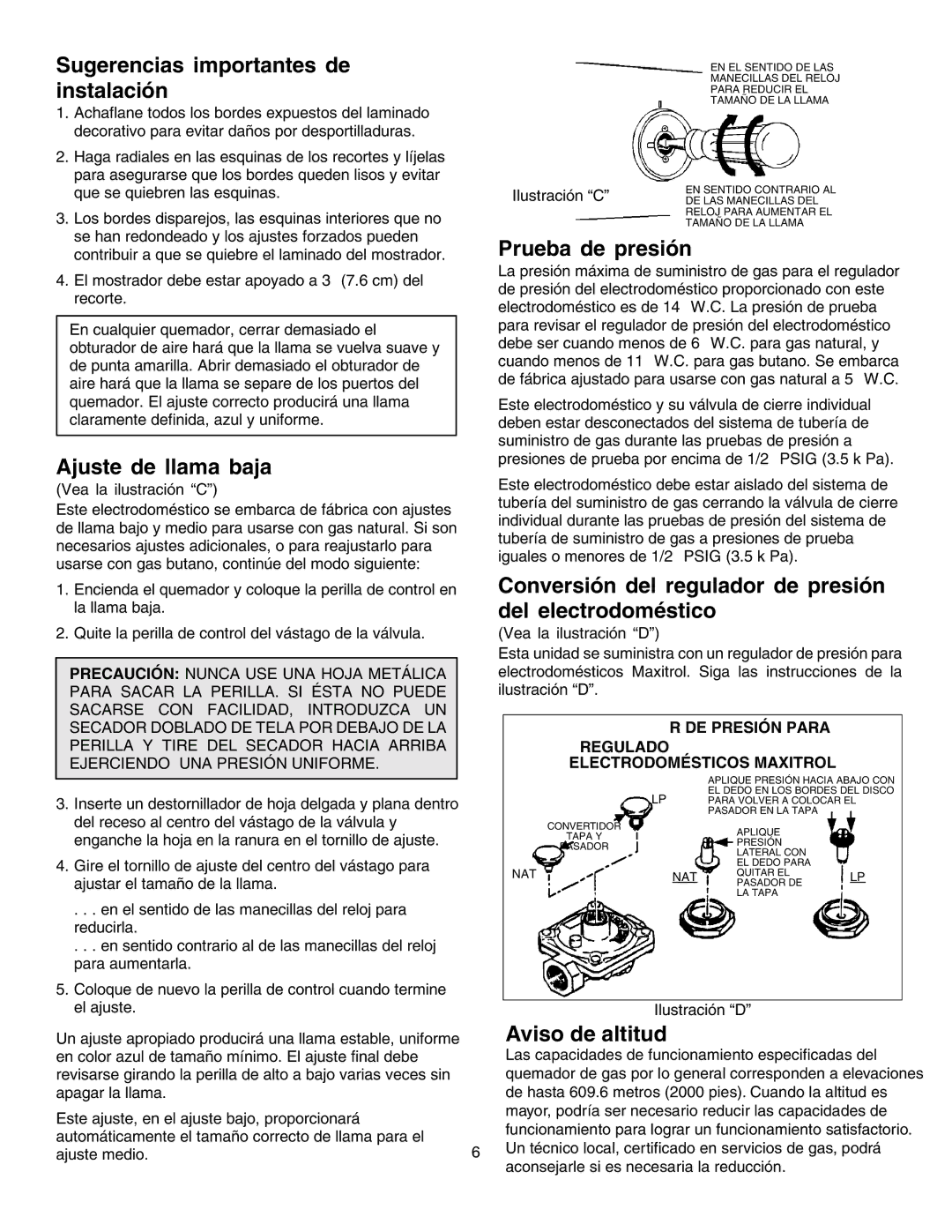 Jenn-Air JGD8348CDP Sugerencias importantes de instalación, Ajuste de llama baja, Prueba de presión, Aviso de altitud 