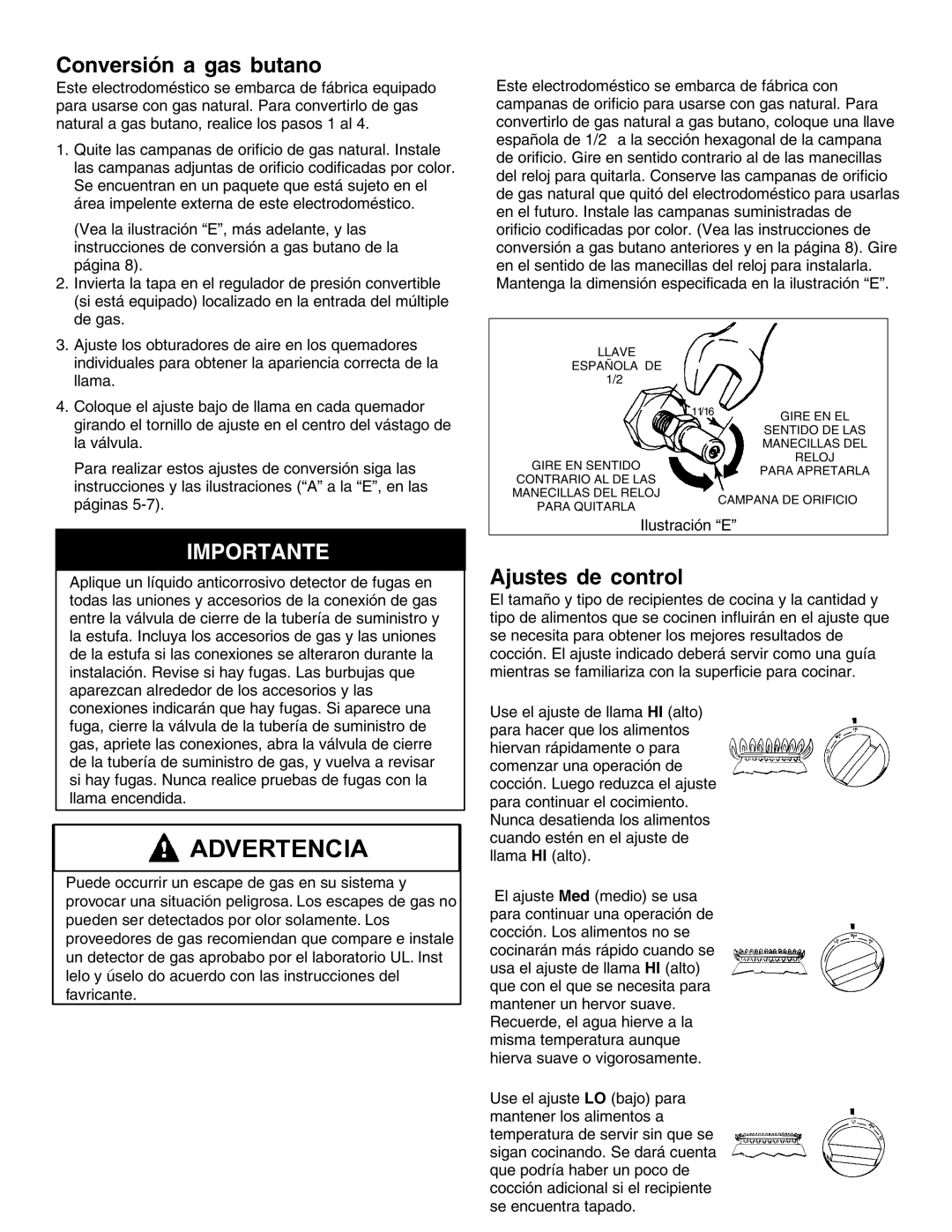 Jenn-Air JGD8348CDP installation instructions Conversión a gas butano, Ajustes de control 