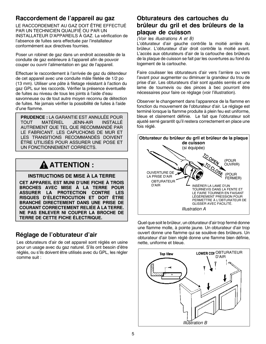 Jenn-Air JGD8348CDP installation instructions Raccordement de l’appareil au gaz, Réglage de l’obturateur d’air 